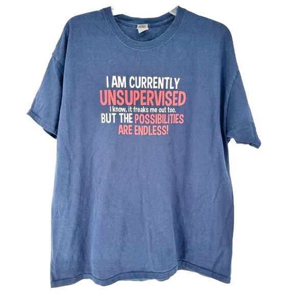 I Am Currently Unsupervised T-Shirt XL Blue w Red White Lettering Gildan - Picture 1 of 6